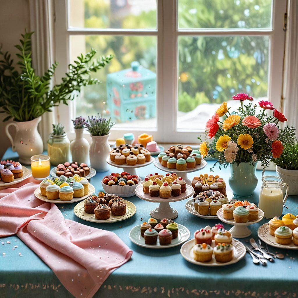 A whimsical kitchen scene featuring a variety of miniature baked goods such as tiny cakes, pastries, and cookies artfully displayed on a colorful tablecloth. Include a pair of hands skillfully decorating a small cake with delicate icing flowers, surrounded by vibrant sprinkles and baking tools. The background shows a sunlit window with potted herbs, adding a warm, inviting atmosphere. Soft focus, pastel colors, and a touch of magic to bring the scene to life. vibrant colors. soft-focus.