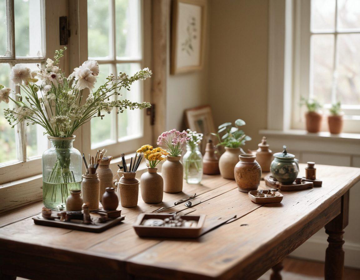 A serene workspace filled with miniature crafting tools and delicate, tiny handmade objects like intricate dolls, tiny furniture, and small ceramics, all arranged on a rustic wooden table. Soft natural light filters through a window, casting gentle shadows to highlight the elegance of these diminutive creations. A hint of flowers in small vases further enhances the beauty of subtlety. warm tones. super-realistic. soft focus.