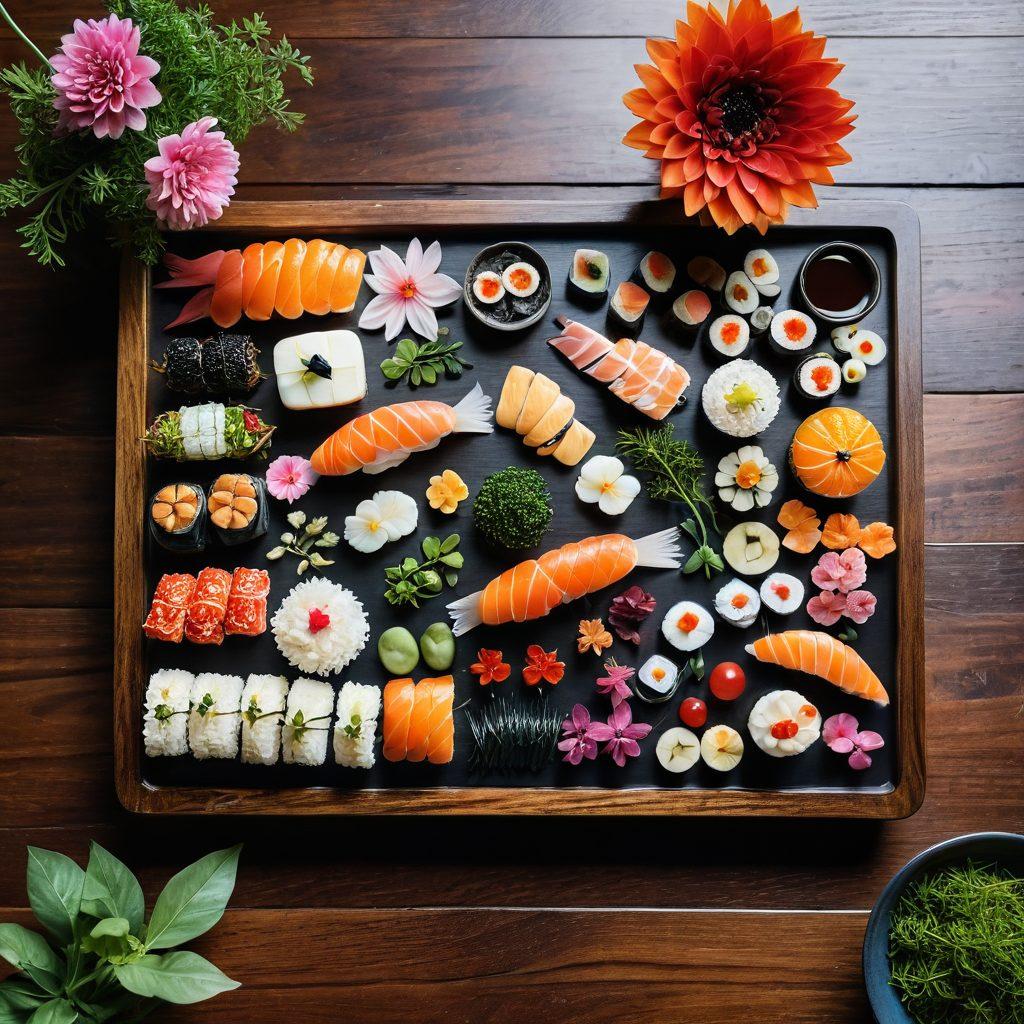 A mesmerizing scene of intricately designed miniatures, featuring tiny food items like a perfect sushi platter, delicate pastries, and charming drinks set on a polished wooden table. Surrounding the miniatures are whimsical natural elements like sprouting herbs and flowers to enhance the ambiance of appreciation for small artistry. A soft, warm light gently illuminates the scene, emphasizing the textures and details of each miniature morsel. super-realistic. warm tones. soft focus.